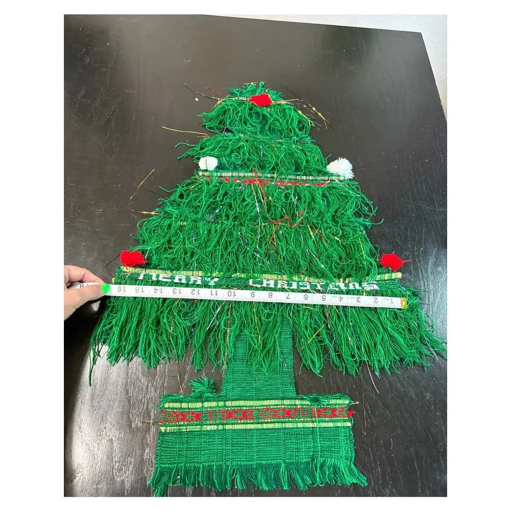 Vintage Yarn Fiber Art Decor Christmas Tree Tinsel Boho Retro Wall Hanger 28x16